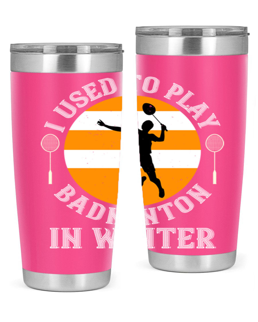 Badminton-themed stainless steel tumbler in 20oz and 30oz sizes, showcasing vibrant design and durable construction.