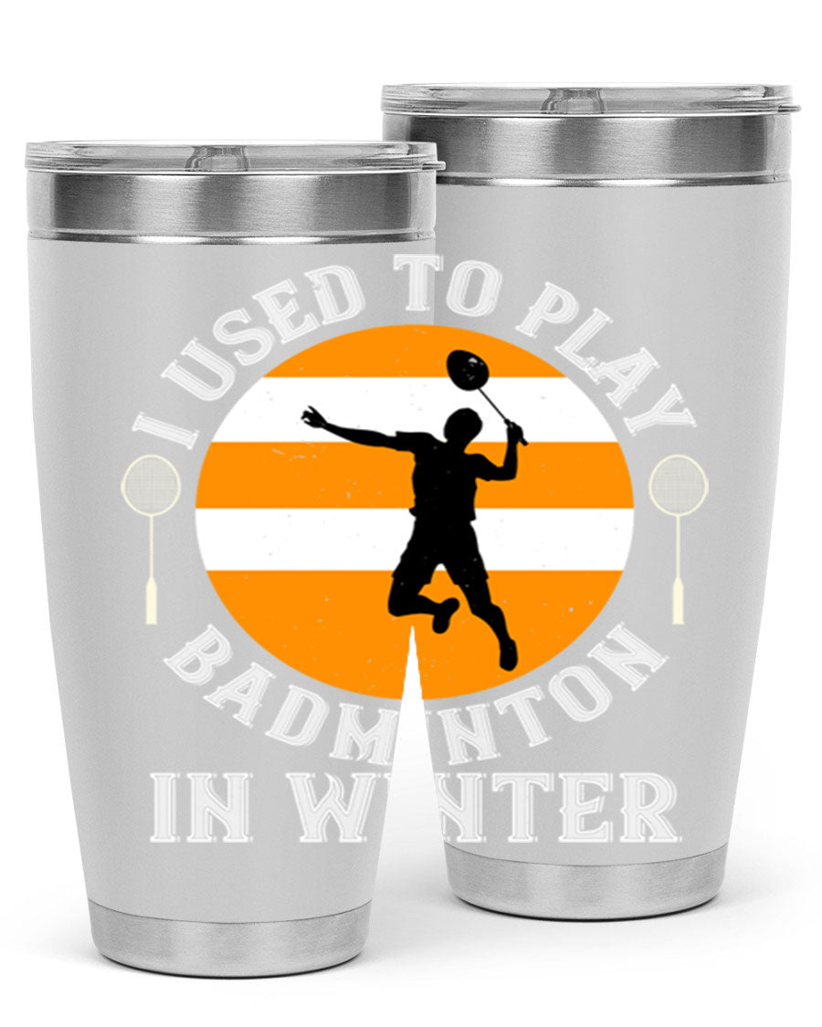 Badminton-themed stainless steel tumbler in 20oz and 30oz sizes, showcasing vibrant design and durable construction.