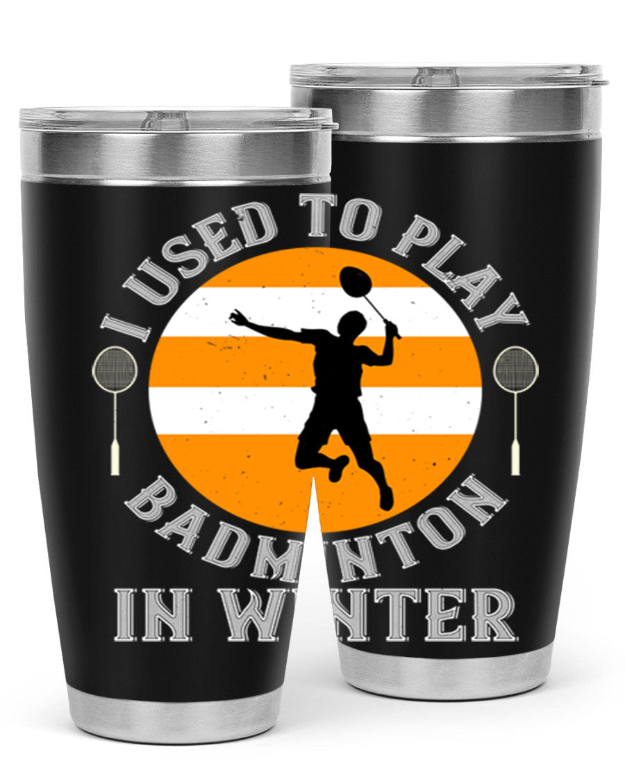 Badminton-themed stainless steel tumbler in 20oz and 30oz sizes, showcasing vibrant design and durable construction.