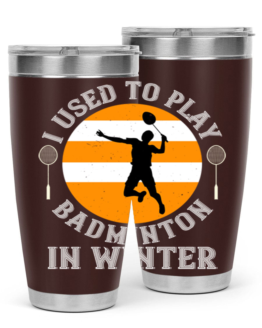 Badminton-themed stainless steel tumbler in 20oz and 30oz sizes, showcasing vibrant design and durable construction.