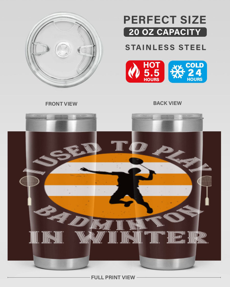 Badminton-themed stainless steel tumbler in 20oz and 30oz sizes, showcasing vibrant design and durable construction.