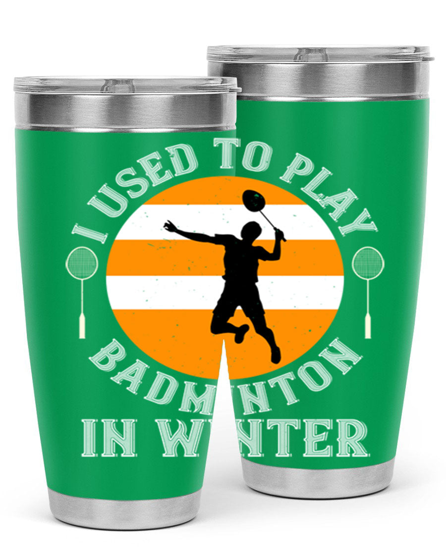 Badminton-themed stainless steel tumbler in 20oz and 30oz sizes, showcasing vibrant design and durable construction.