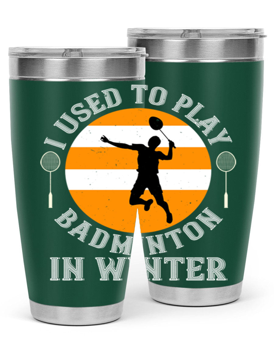 Badminton-themed stainless steel tumbler in 20oz and 30oz sizes, showcasing vibrant design and durable construction.