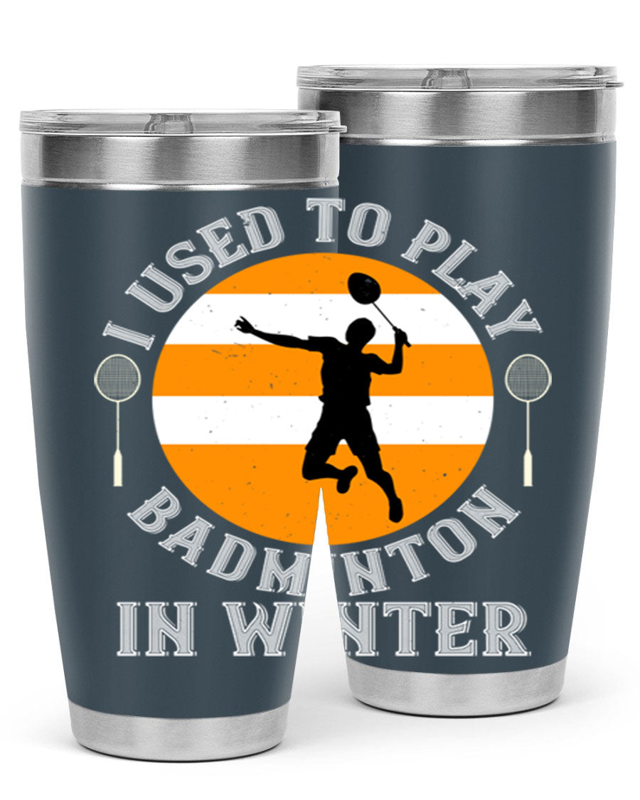 Badminton-themed stainless steel tumbler in 20oz and 30oz sizes, showcasing vibrant design and durable construction.