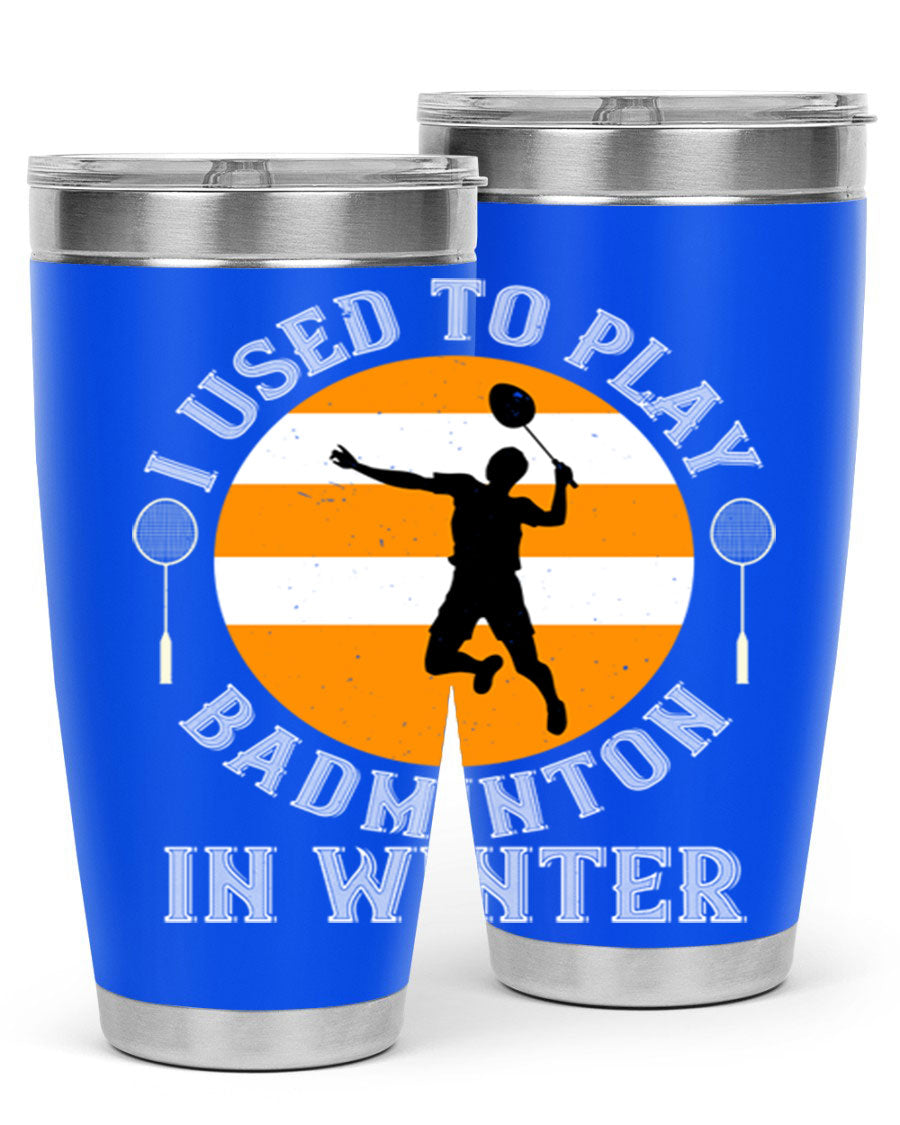Badminton-themed stainless steel tumbler in 20oz and 30oz sizes, showcasing vibrant design and durable construction.