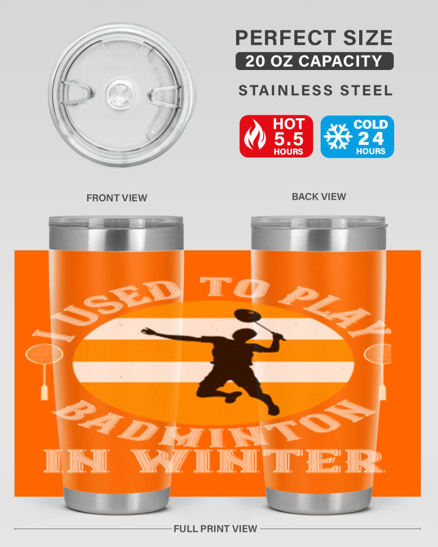 Badminton-themed stainless steel tumbler in 20oz and 30oz sizes, showcasing vibrant design and durable construction.