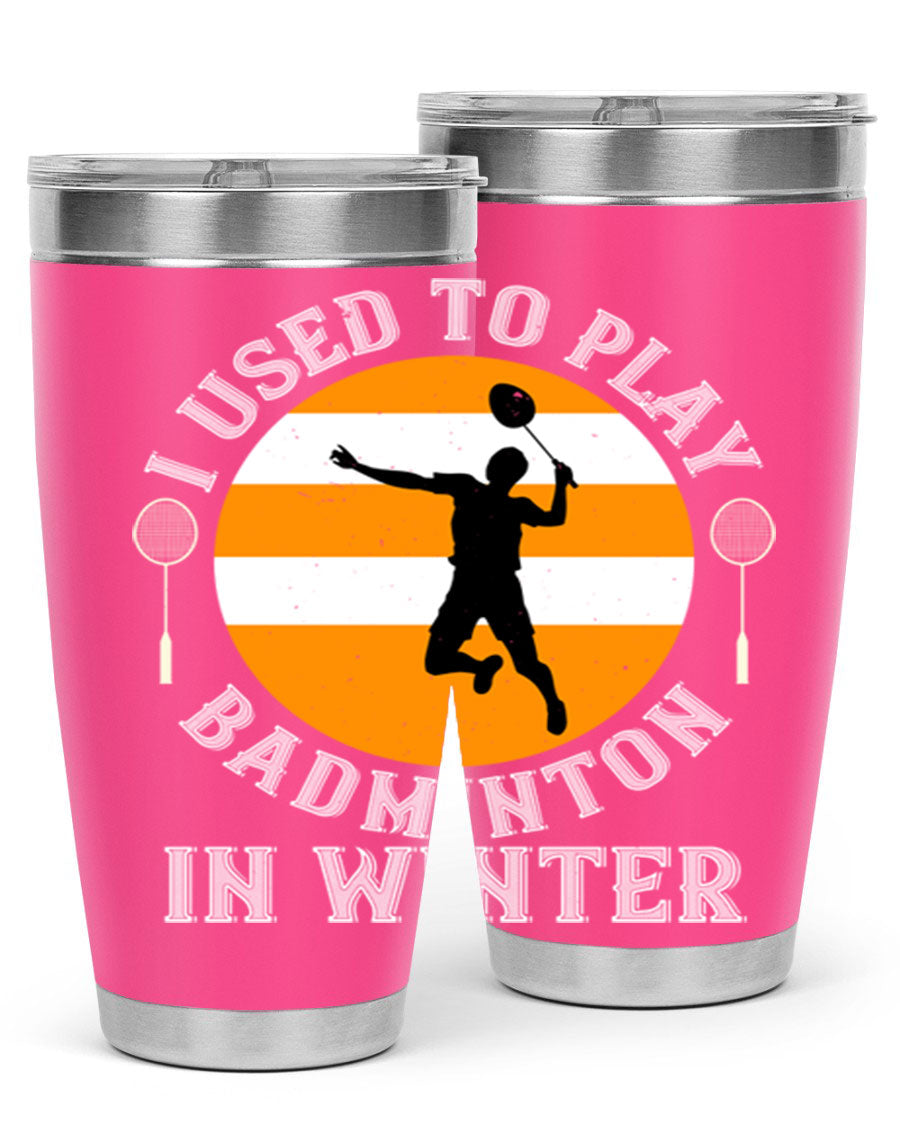 Badminton-themed stainless steel tumbler in 20oz and 30oz sizes, showcasing vibrant design and durable construction.