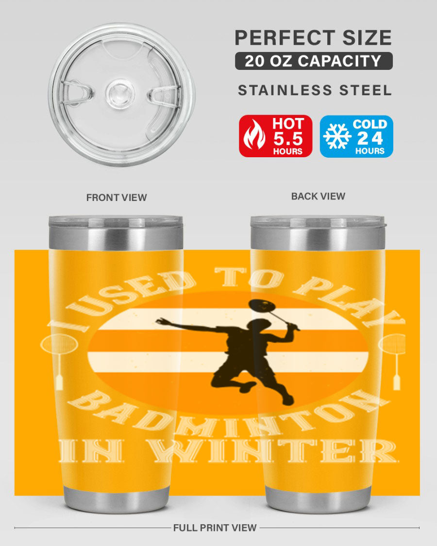 Badminton-themed stainless steel tumbler in 20oz and 30oz sizes, showcasing vibrant design and durable construction.