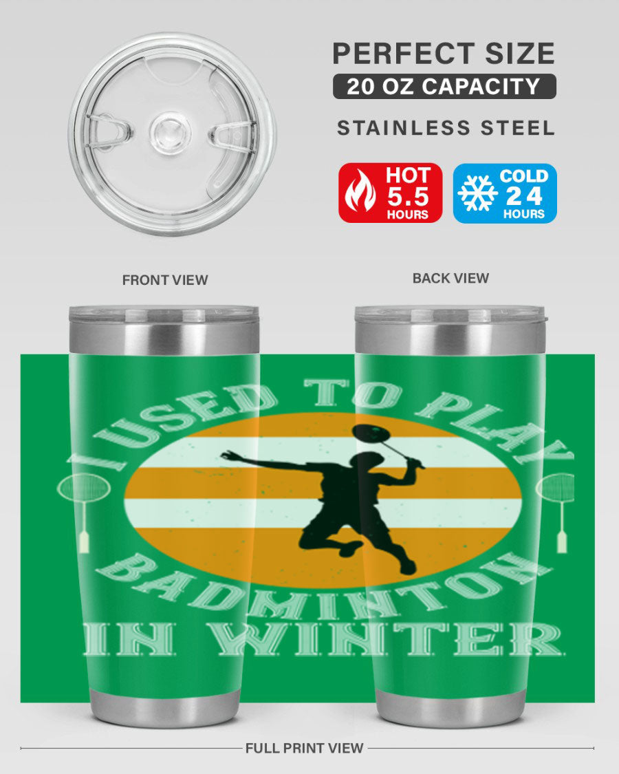Badminton-themed stainless steel tumbler in 20oz and 30oz sizes, showcasing vibrant design and durable construction.