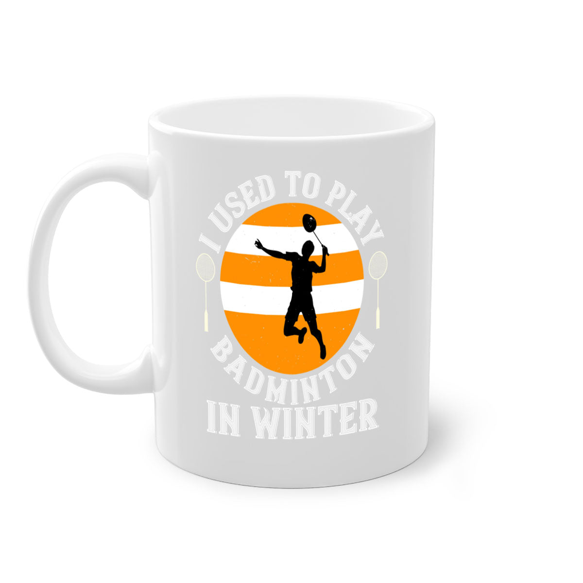 A stylish two-tone badminton-themed coffee mug with a colored handle and glossy finish, available in multiple colors.