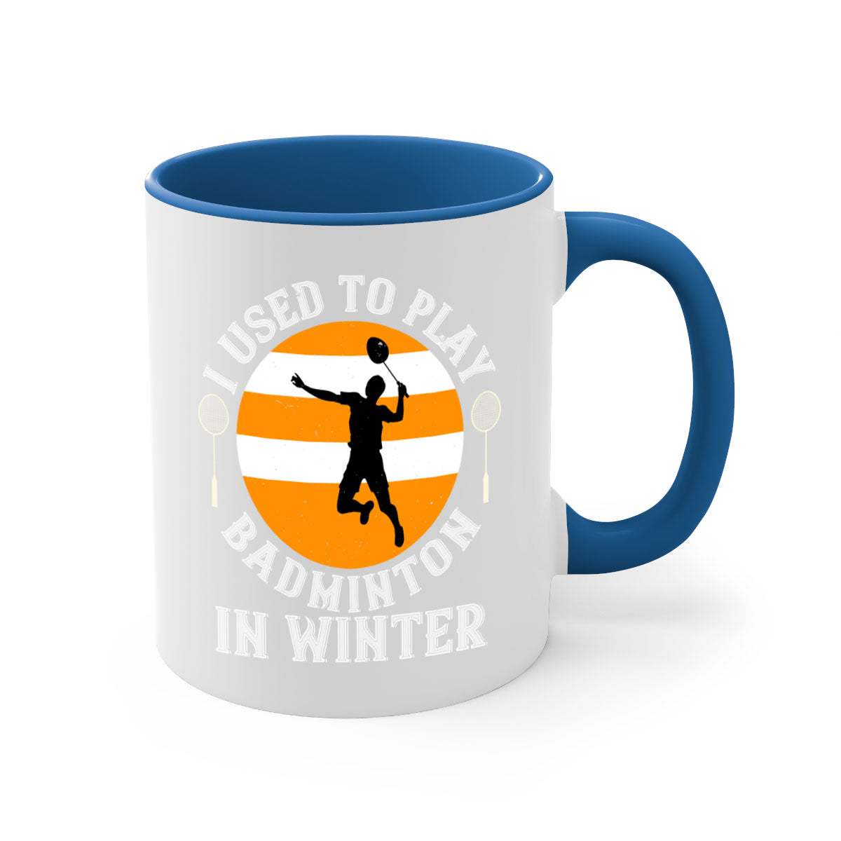 A stylish two-tone badminton-themed coffee mug with a colored handle and glossy finish, available in multiple colors.