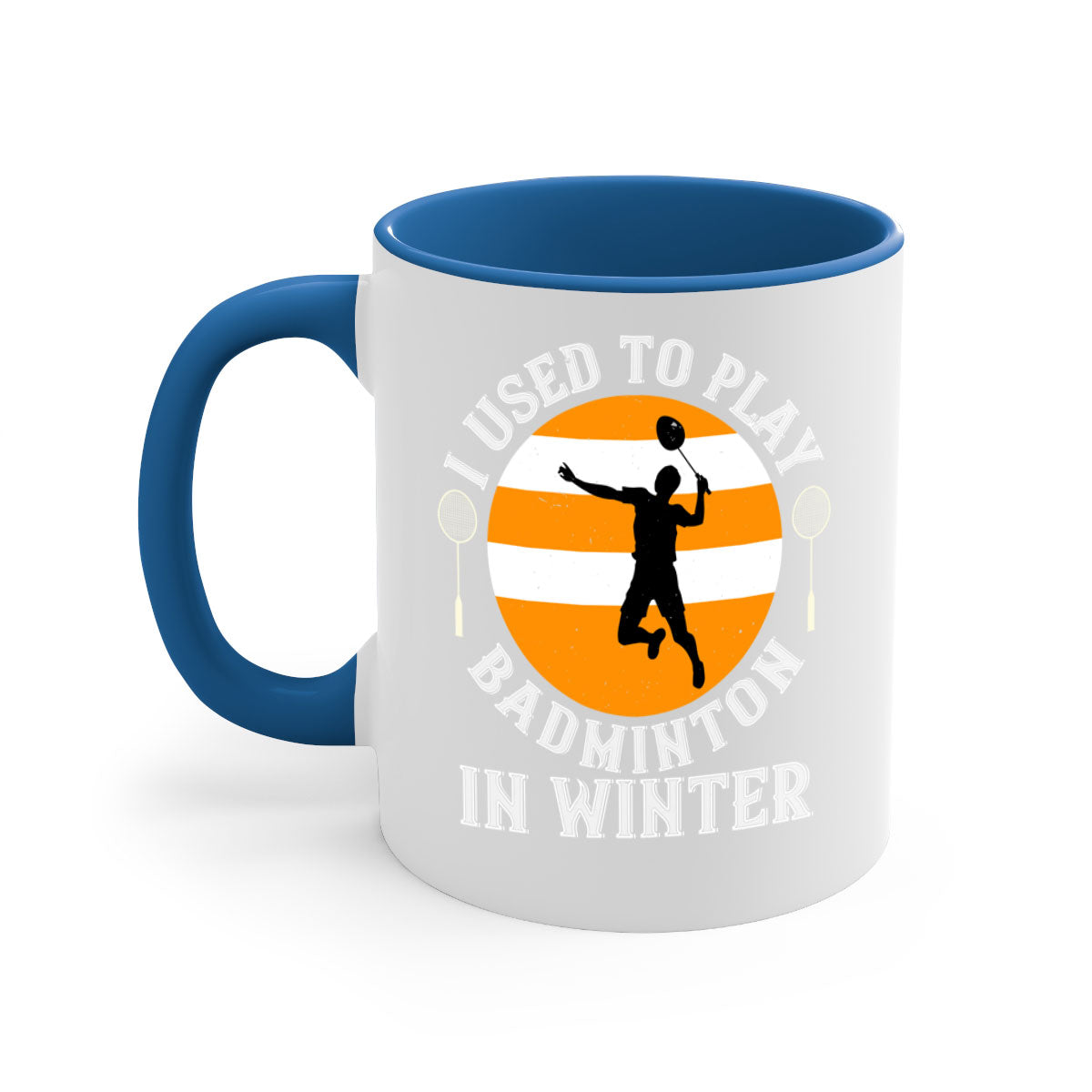 A stylish two-tone badminton-themed coffee mug with a colored handle and glossy finish, available in multiple colors.