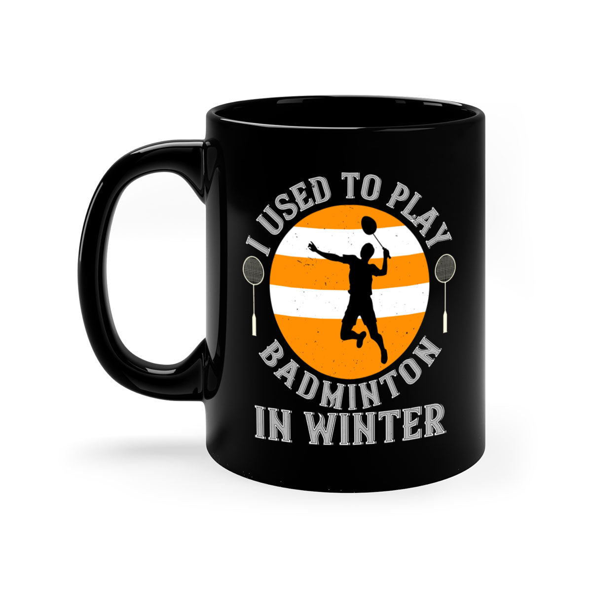 A stylish two-tone badminton-themed coffee mug with a colored handle and glossy finish, available in multiple colors.