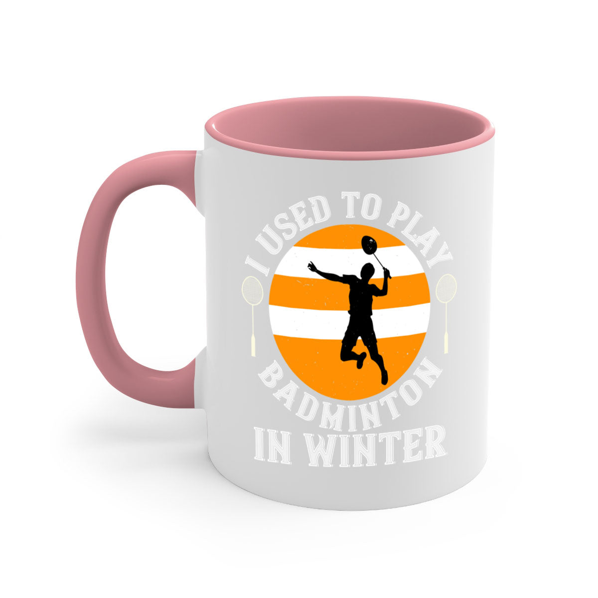A stylish two-tone badminton-themed coffee mug with a colored handle and glossy finish, available in multiple colors.