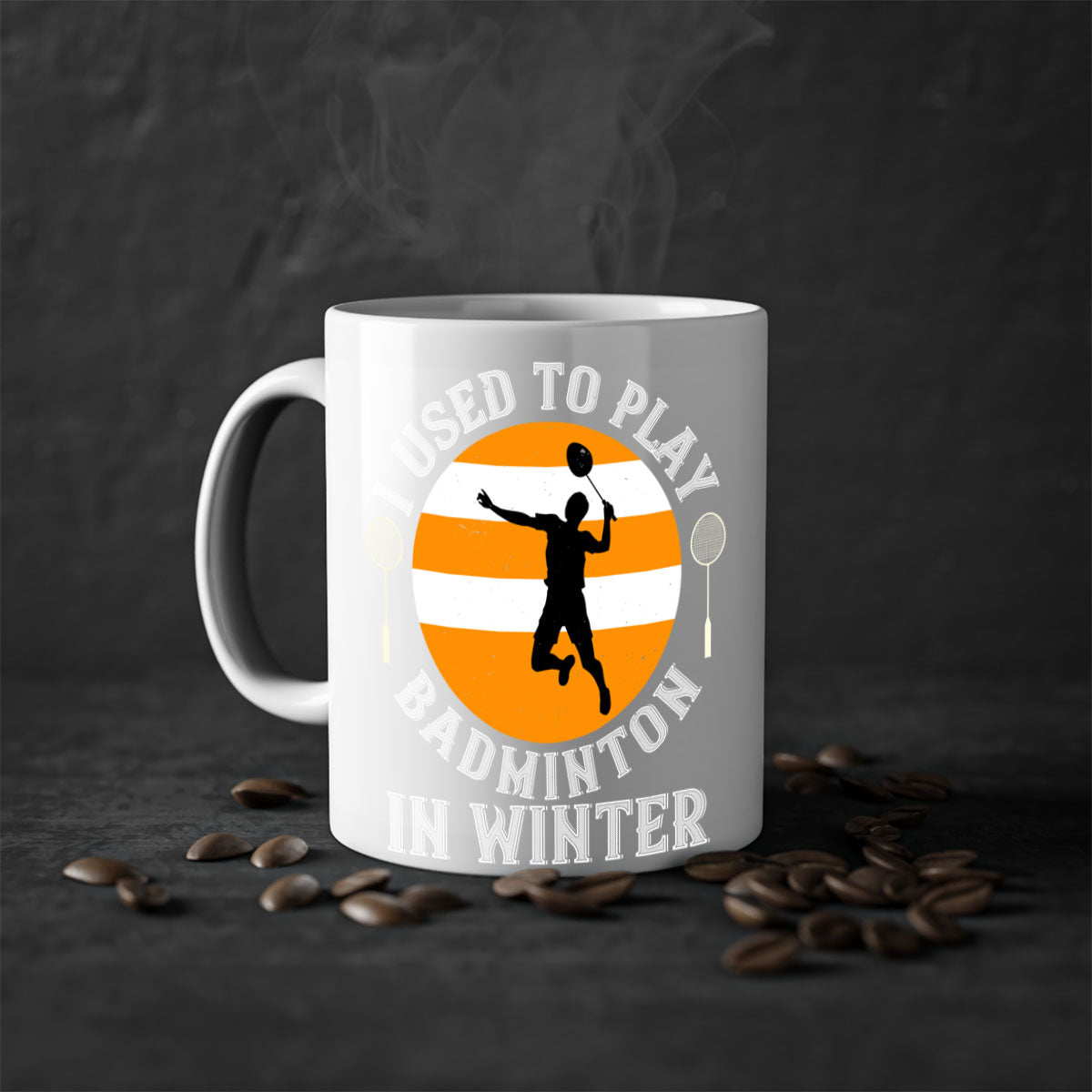 A stylish two-tone badminton-themed coffee mug with a colored handle and glossy finish, available in multiple colors.