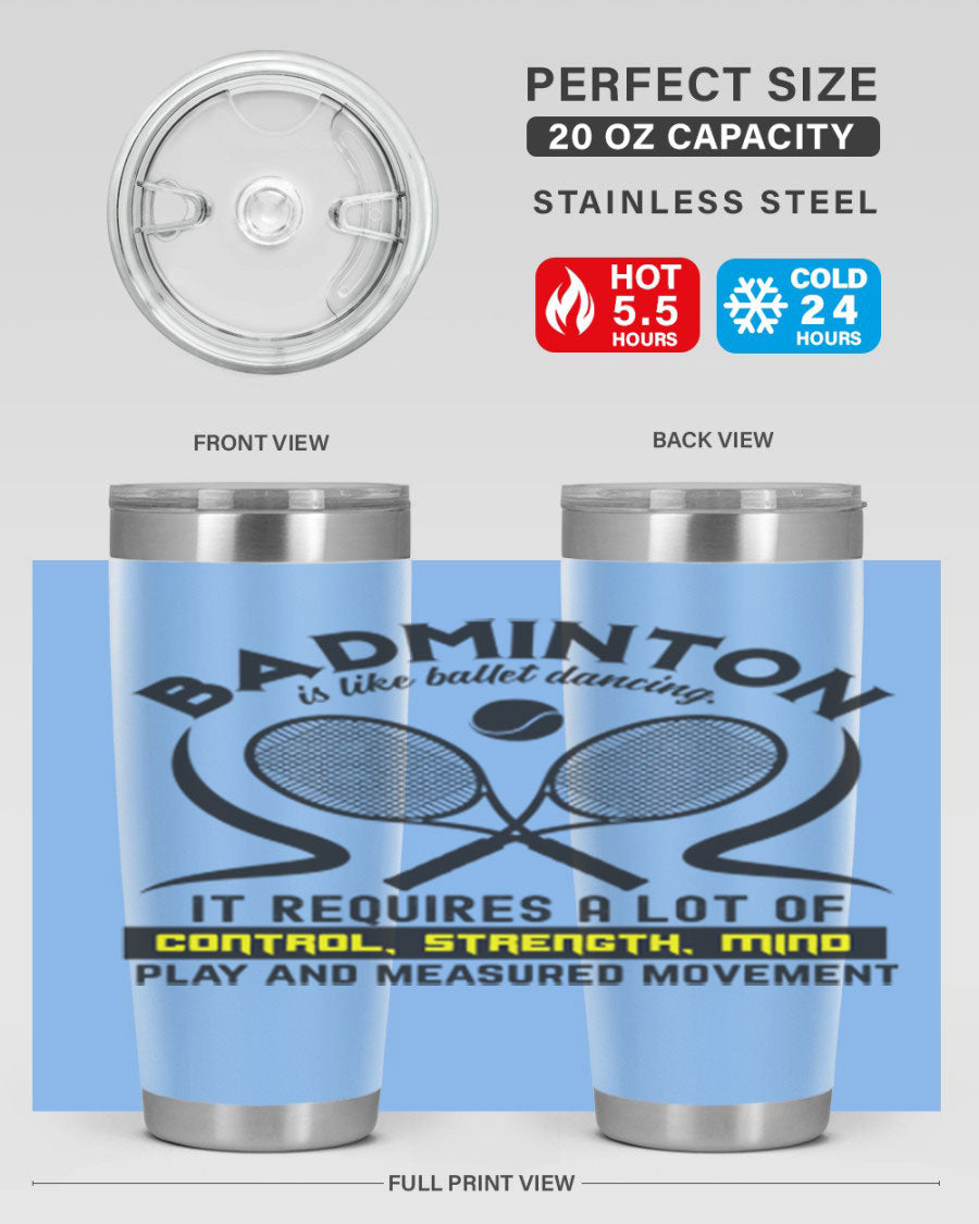 BADMINTONis like ballet dancing tumbler in stainless steel with a vibrant design, perfect for hot and cold beverages.