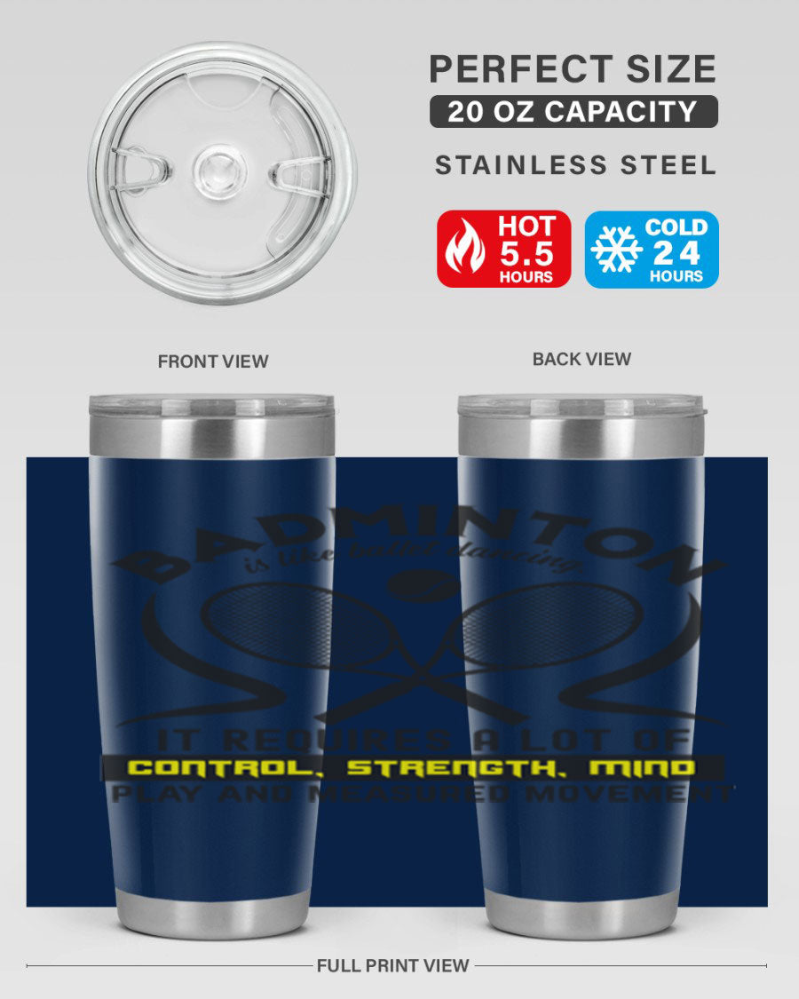 BADMINTONis like ballet dancing tumbler in stainless steel with a vibrant design, perfect for hot and cold beverages.