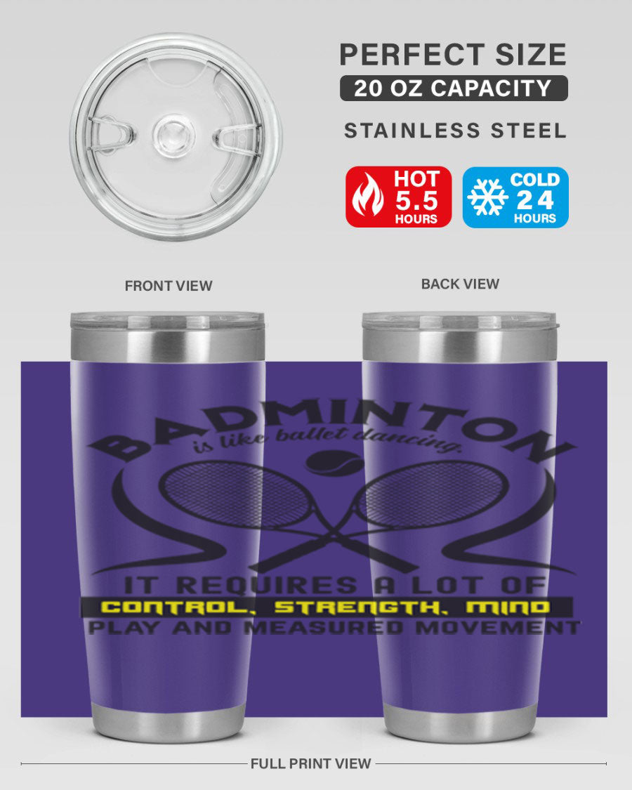BADMINTONis like ballet dancing tumbler in stainless steel with a vibrant design, perfect for hot and cold beverages.