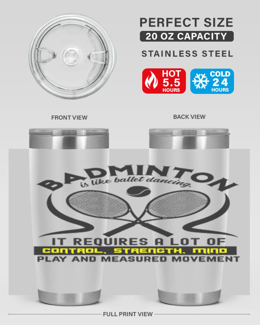 BADMINTONis like ballet dancing tumbler in stainless steel with a vibrant design, perfect for hot and cold beverages.