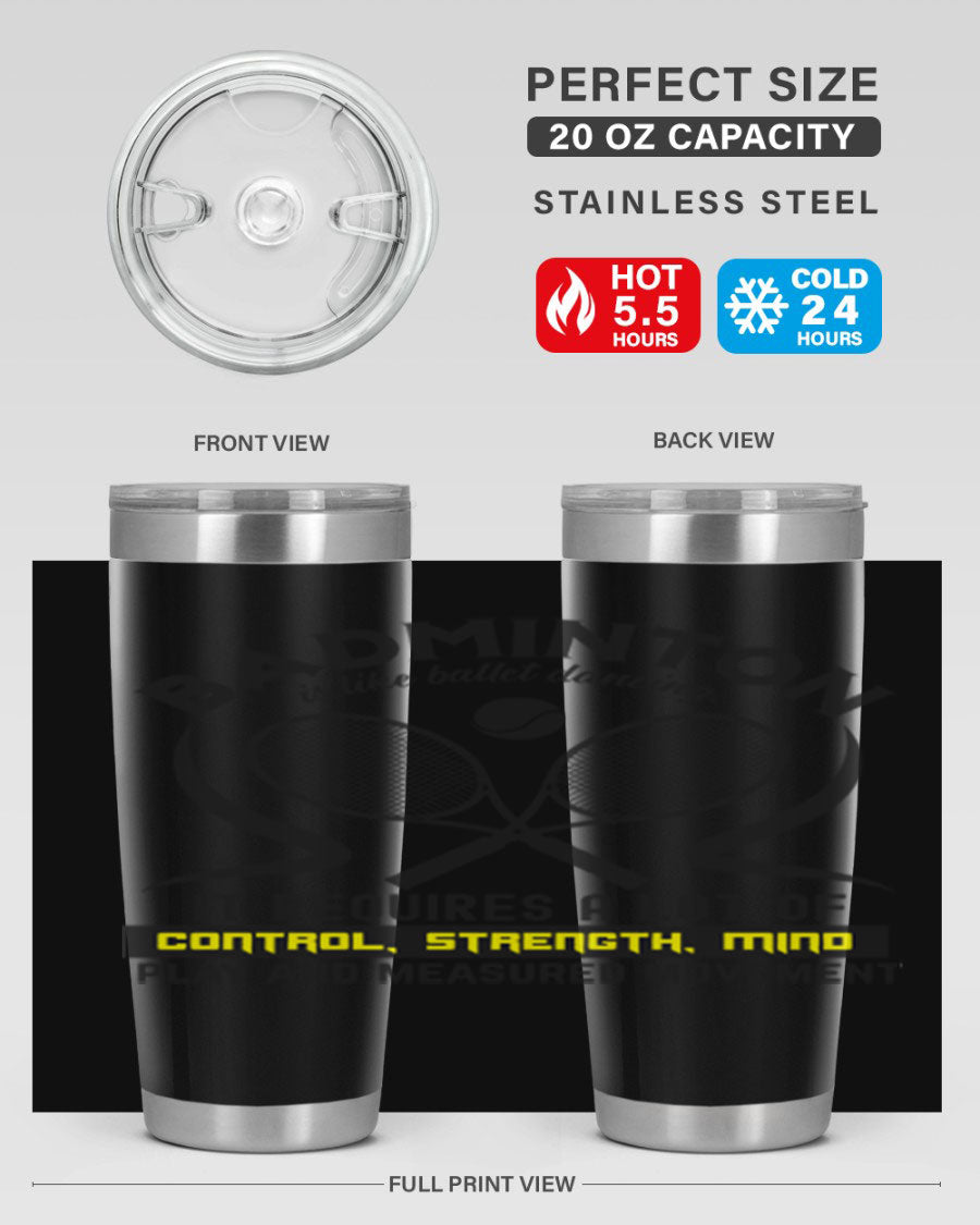 BADMINTONis like ballet dancing tumbler in stainless steel with a vibrant design, perfect for hot and cold beverages.