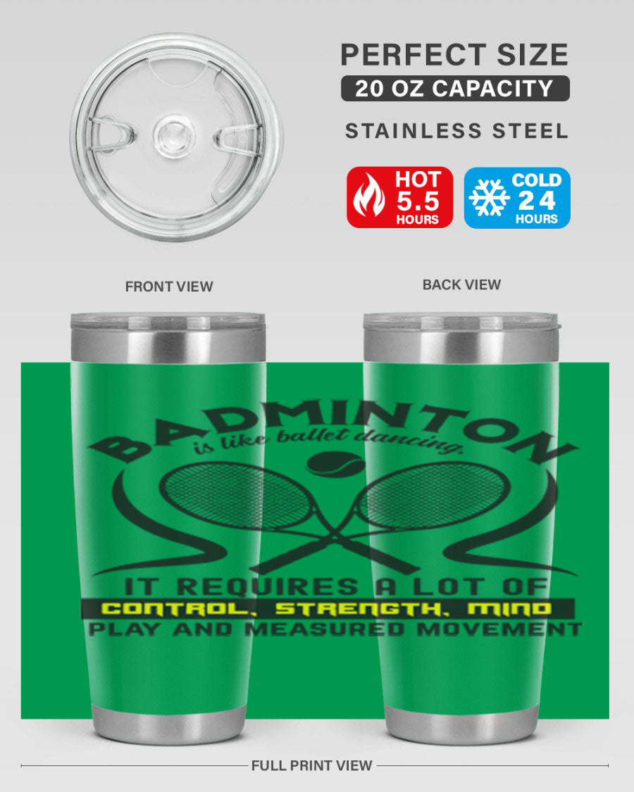 BADMINTONis like ballet dancing tumbler in stainless steel with a vibrant design, perfect for hot and cold beverages.