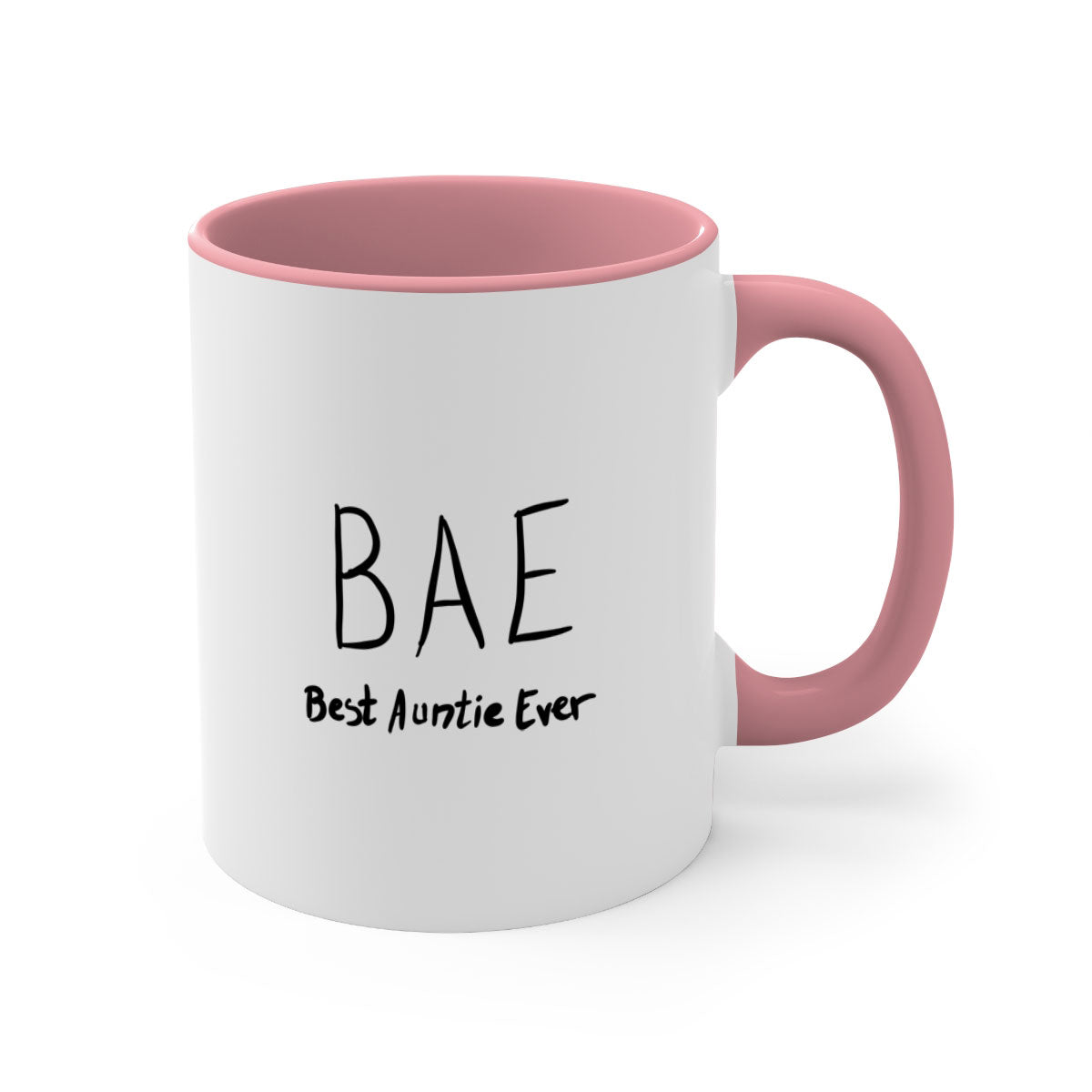 BAE Best Auntie Ever mug with colorful handle and interior, showcasing glossy finish and two-tone design.