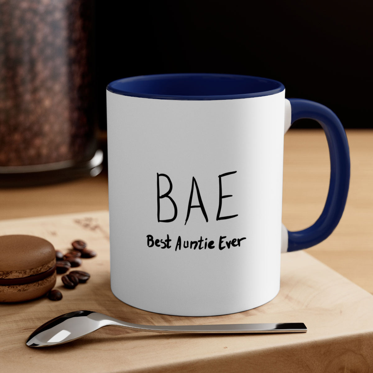BAE Best Auntie Ever mug with colorful handle and interior, showcasing glossy finish and two-tone design.