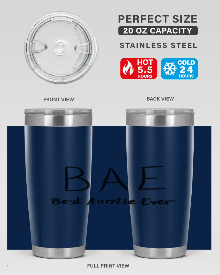 BAE Best Auntie Ever Style 15# 20oz Tumbler with a sleek design, double wall vacuum insulation, and a drink-thru lid.