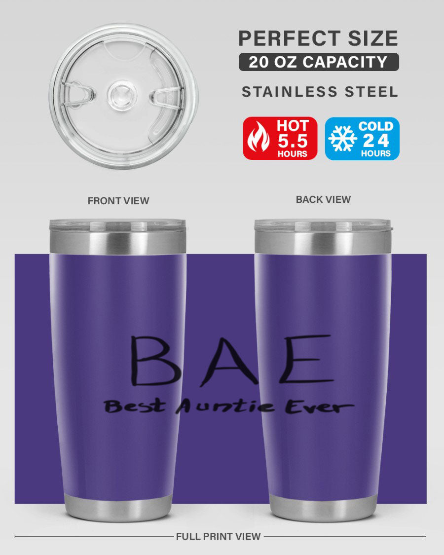 BAE Best Auntie Ever Style 15# 20oz Tumbler with a sleek design, double wall vacuum insulation, and a drink-thru lid.