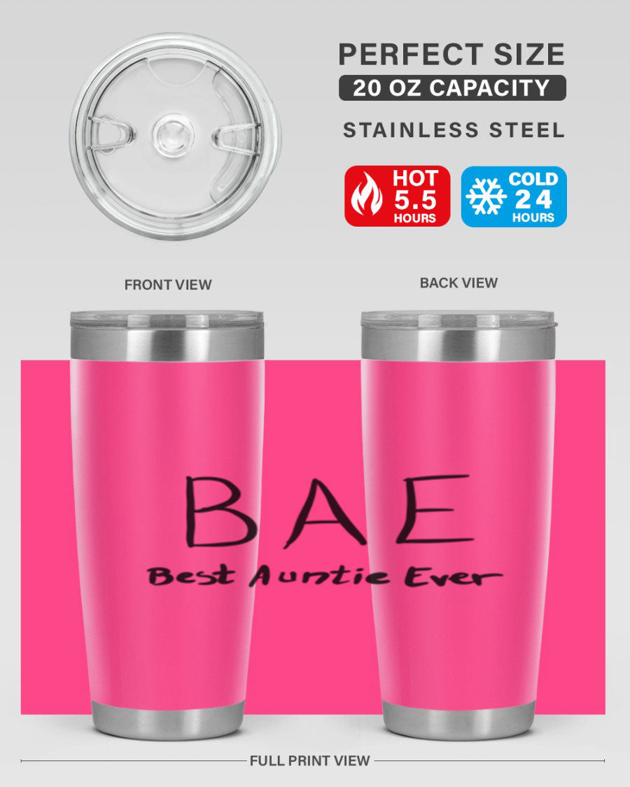 BAE Best Auntie Ever Style 15# 20oz Tumbler with a sleek design, double wall vacuum insulation, and a drink-thru lid.