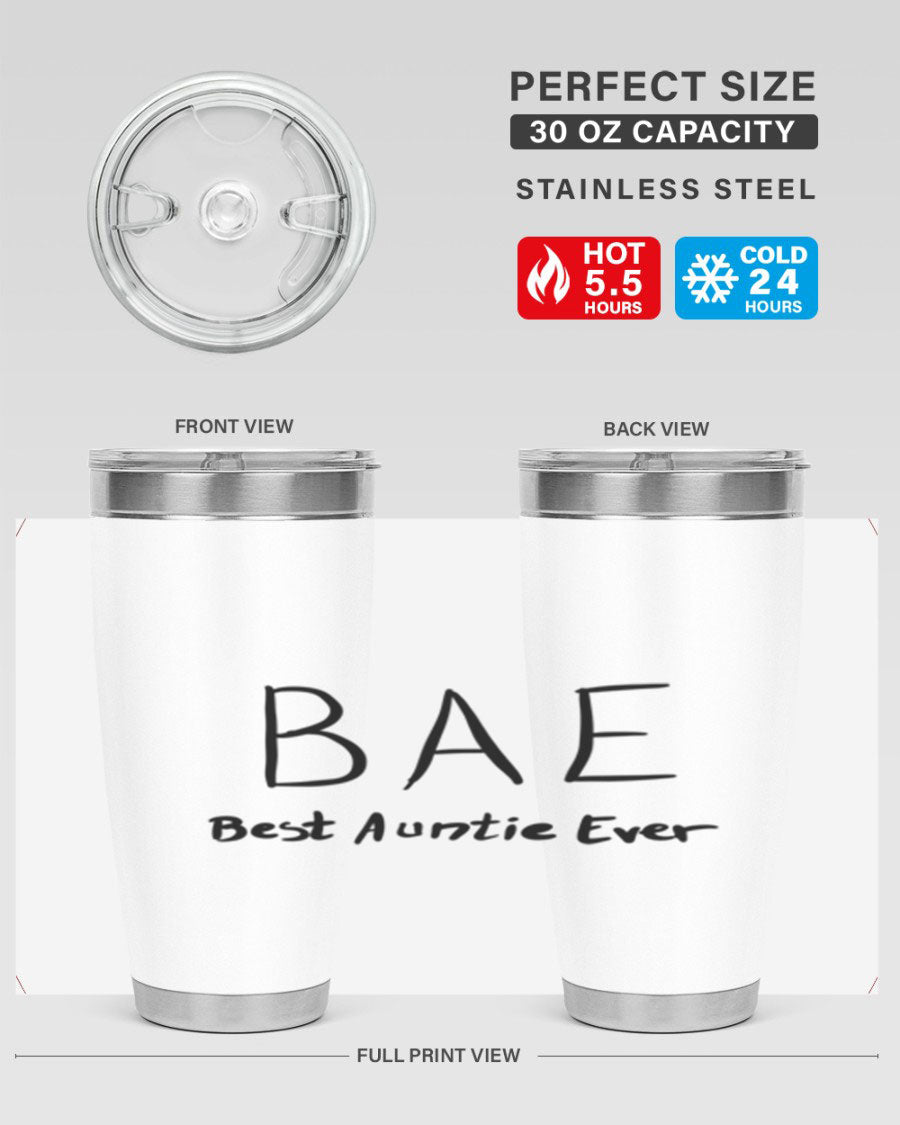 BAE Best Auntie Ever Style 15# 20oz Tumbler with a sleek design, double wall vacuum insulation, and a drink-thru lid.