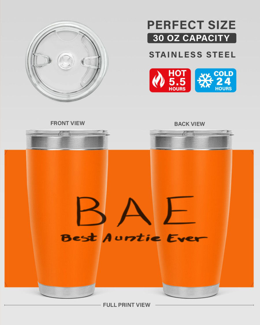 BAE Best Auntie Ever Style 15# 20oz Tumbler with a sleek design, double wall vacuum insulation, and a drink-thru lid.