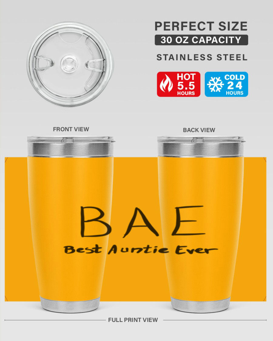 BAE Best Auntie Ever Style 15# 20oz Tumbler with a sleek design, double wall vacuum insulation, and a drink-thru lid.