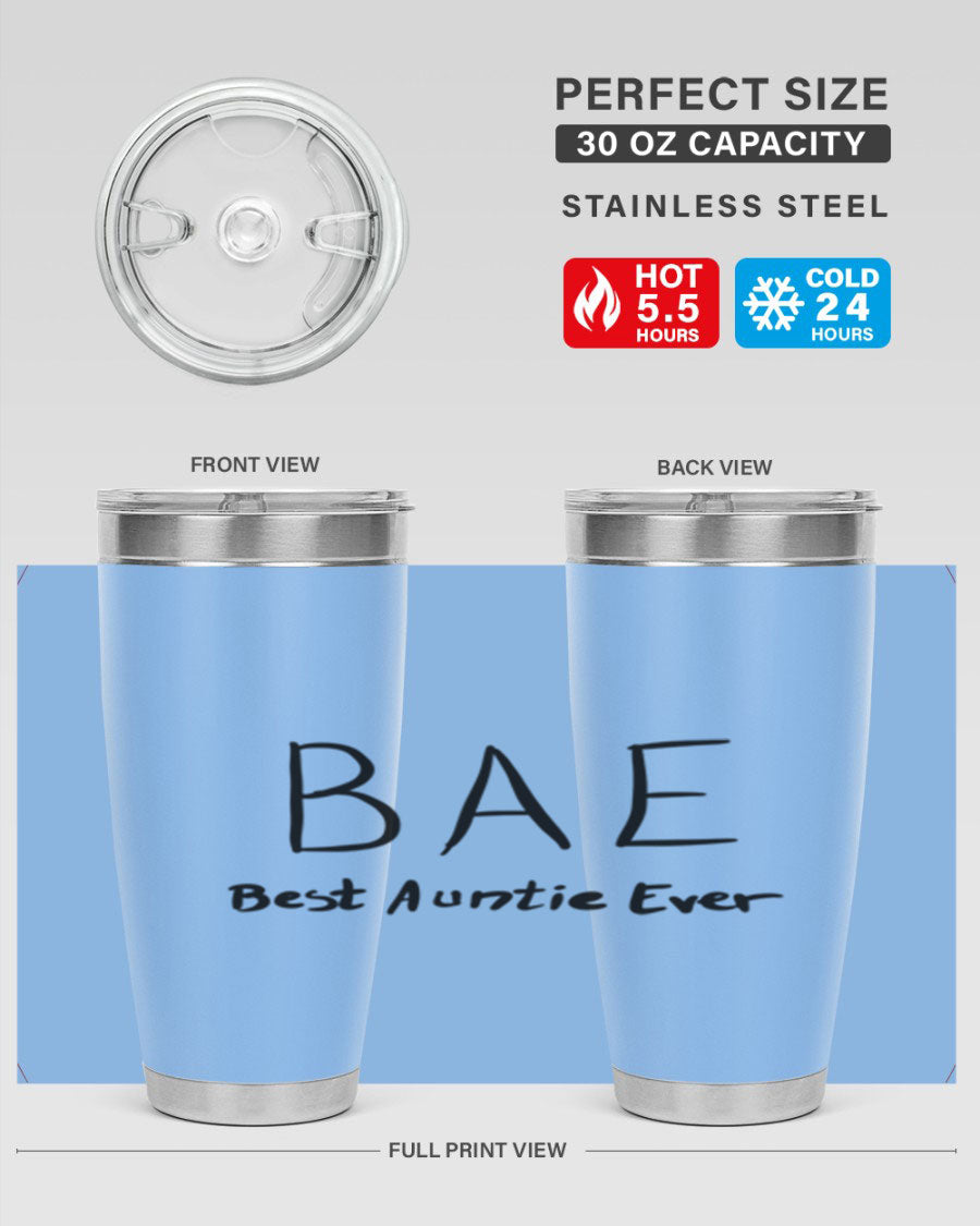 BAE Best Auntie Ever Style 15# 20oz Tumbler with a sleek design, double wall vacuum insulation, and a drink-thru lid.