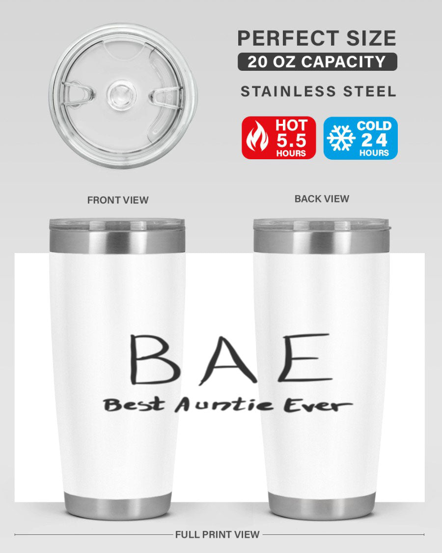 BAE Best Auntie Ever Style 15# 20oz Tumbler with a sleek design, double wall vacuum insulation, and a drink-thru lid.