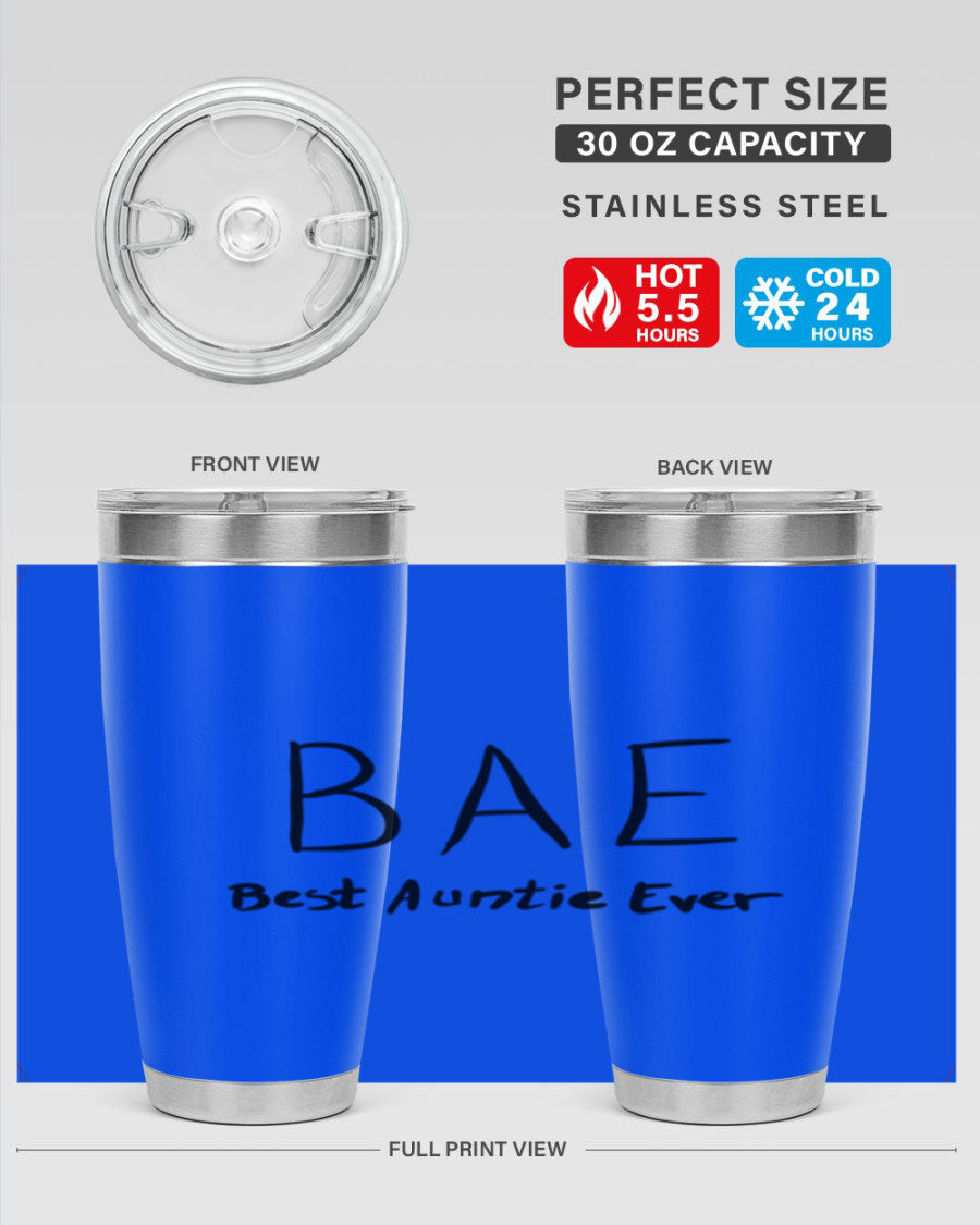 BAE Best Auntie Ever Style 15# 20oz Tumbler with a sleek design, double wall vacuum insulation, and a drink-thru lid.