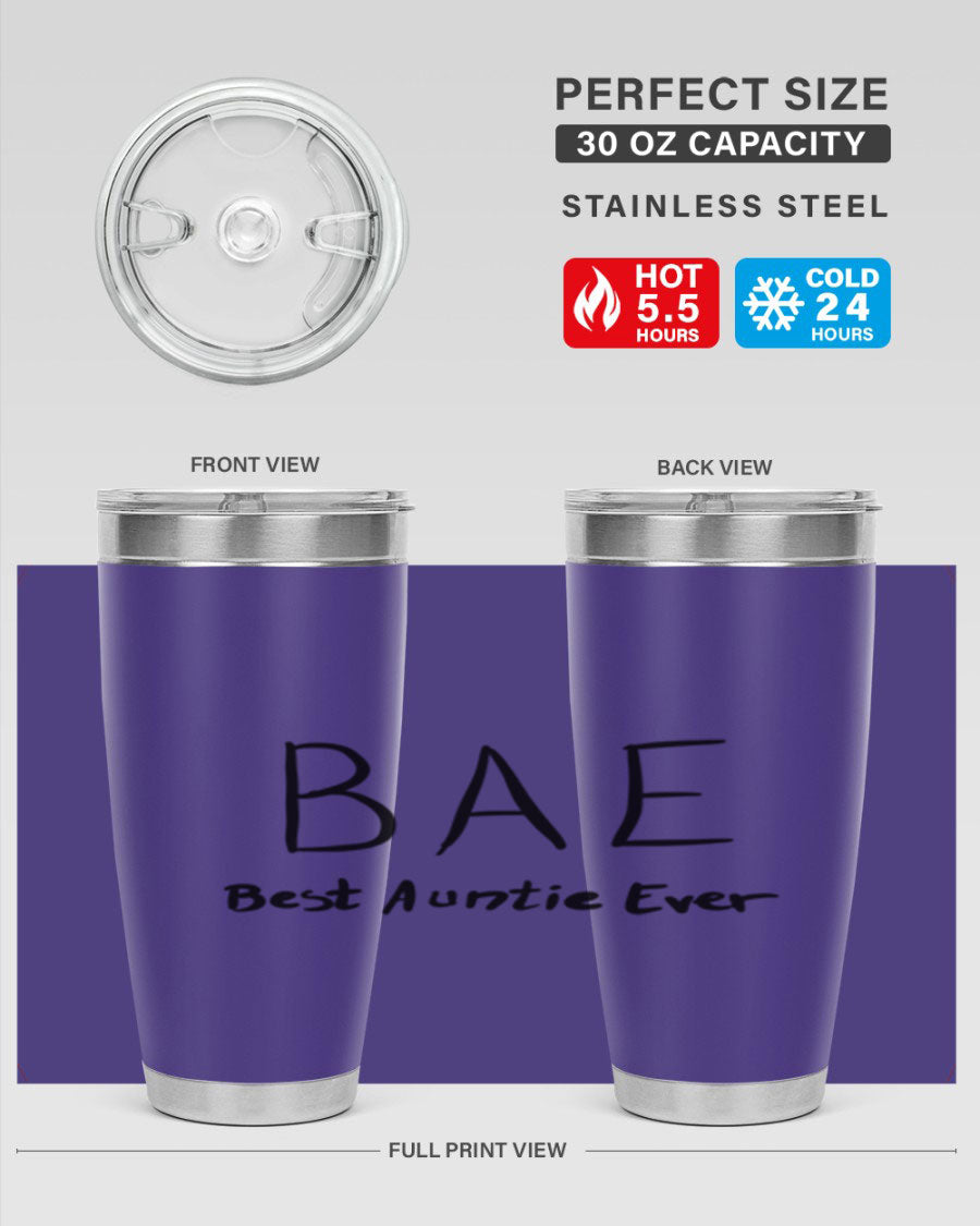 BAE Best Auntie Ever Style 15# 20oz Tumbler with a sleek design, double wall vacuum insulation, and a drink-thru lid.