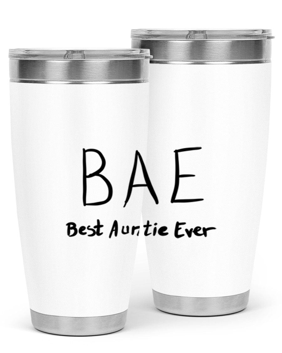 BAE Best Auntie Ever Style 15# 20oz Tumbler with a sleek design, double wall vacuum insulation, and a drink-thru lid.