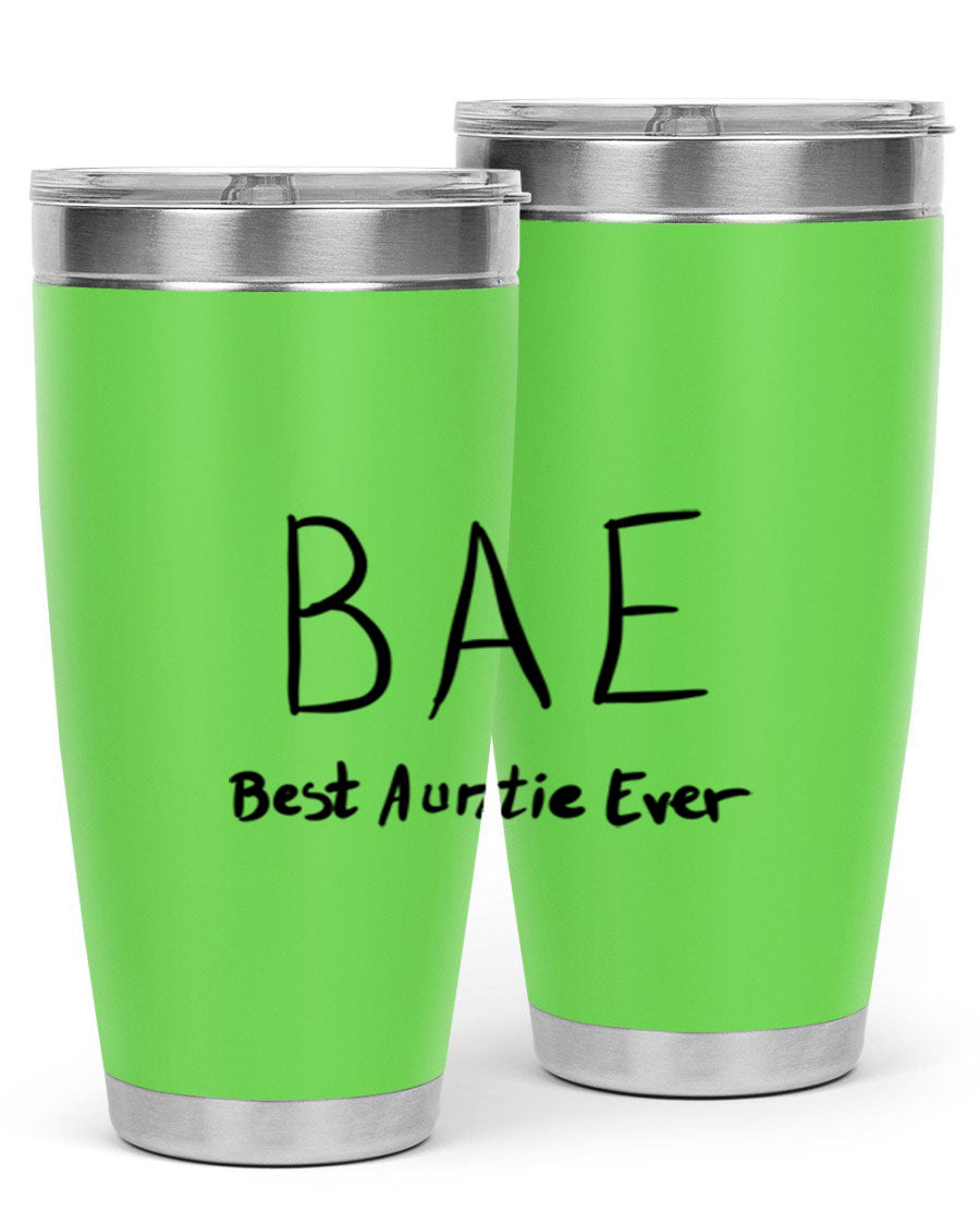 BAE Best Auntie Ever Style 15# 20oz Tumbler with a sleek design, double wall vacuum insulation, and a drink-thru lid.