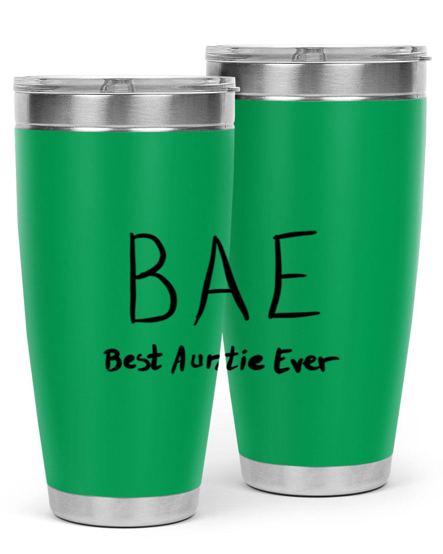 BAE Best Auntie Ever Style 15# 20oz Tumbler with a sleek design, double wall vacuum insulation, and a drink-thru lid.
