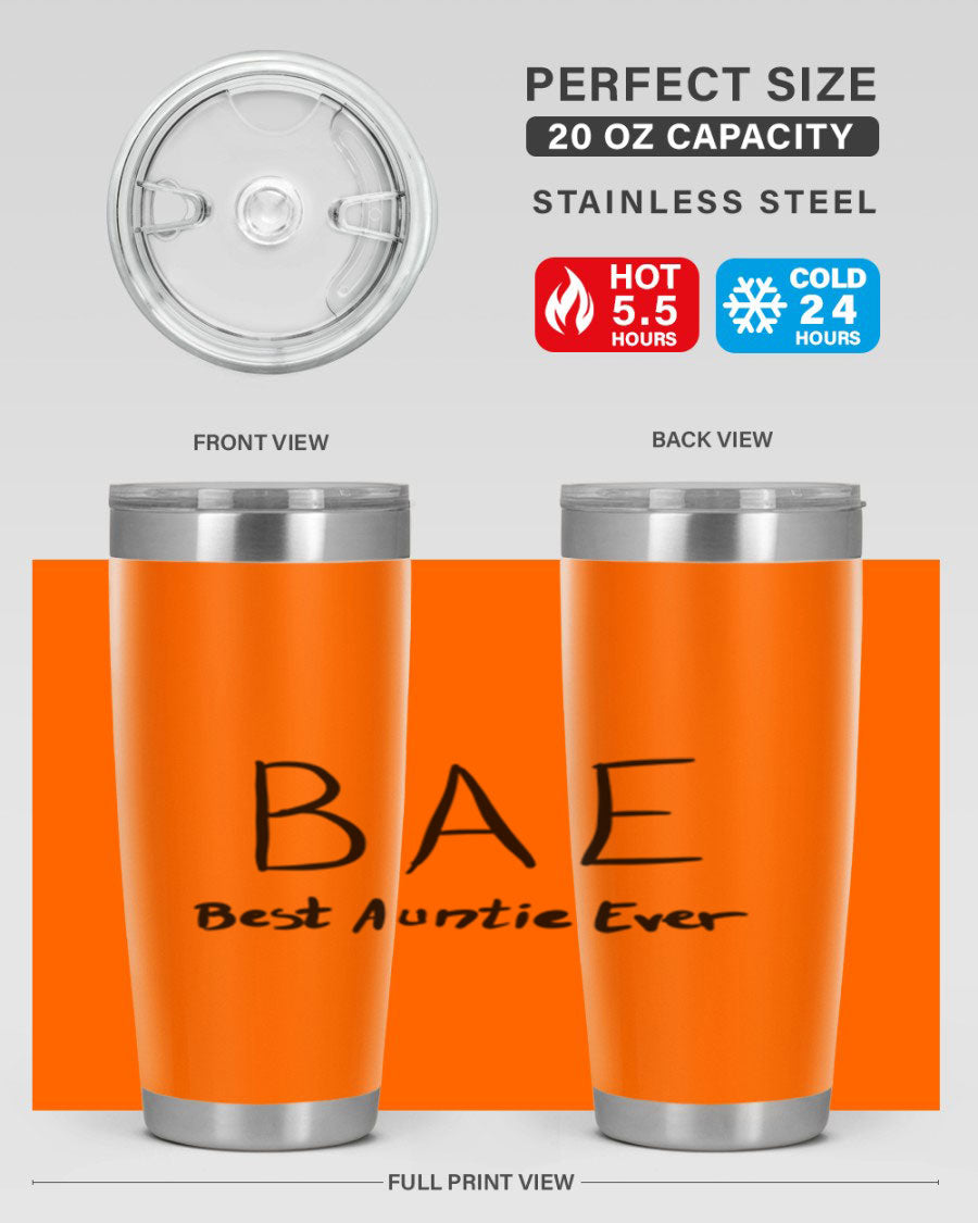 BAE Best Auntie Ever Style 15# 20oz Tumbler with a sleek design, double wall vacuum insulation, and a drink-thru lid.