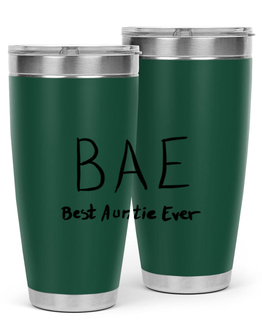 BAE Best Auntie Ever Style 15# 20oz Tumbler with a sleek design, double wall vacuum insulation, and a drink-thru lid.