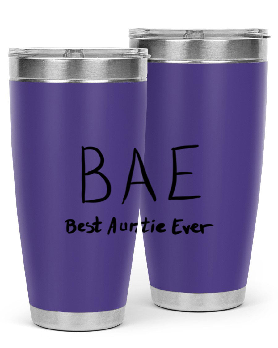 BAE Best Auntie Ever Style 15# 20oz Tumbler with a sleek design, double wall vacuum insulation, and a drink-thru lid.