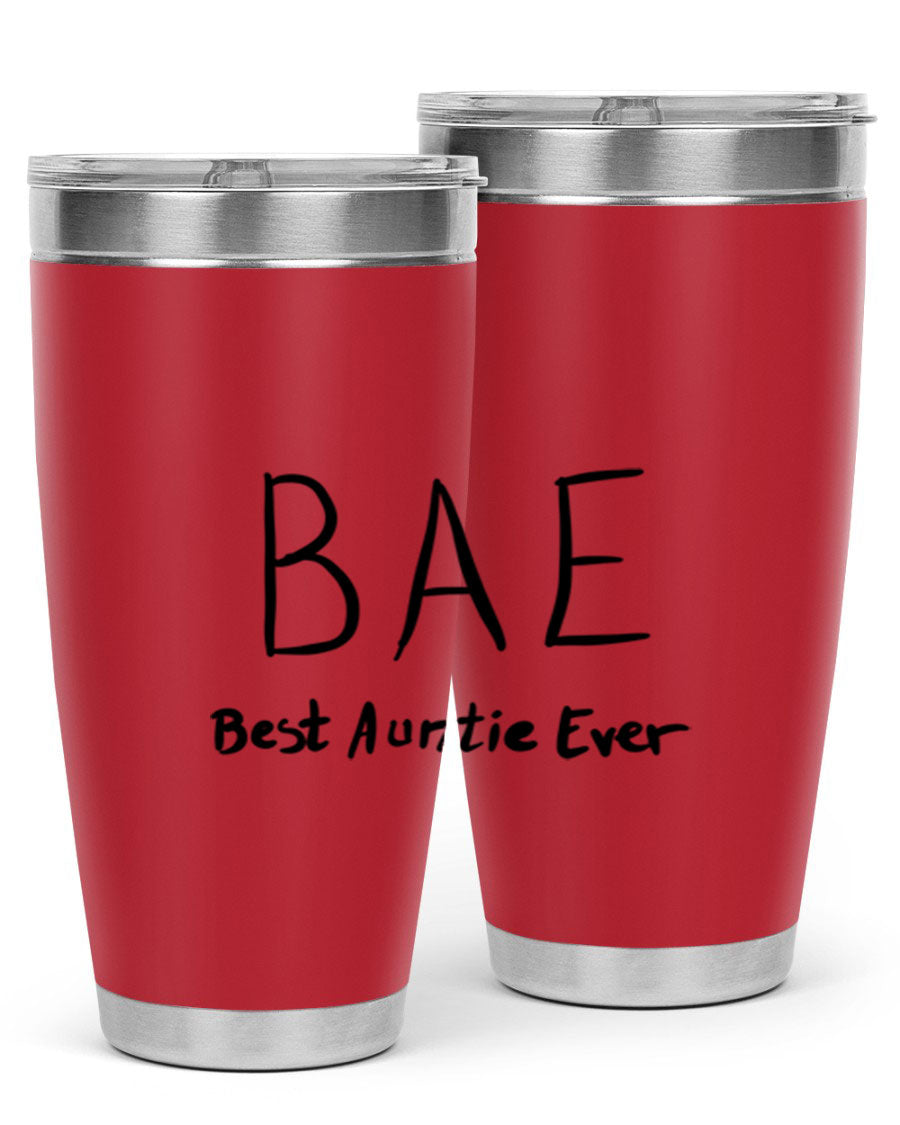 BAE Best Auntie Ever Style 15# 20oz Tumbler with a sleek design, double wall vacuum insulation, and a drink-thru lid.