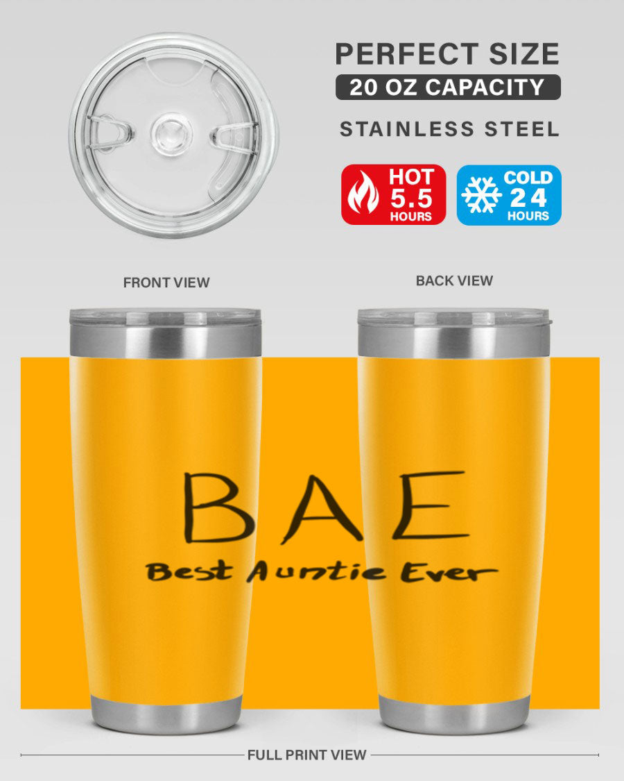 BAE Best Auntie Ever Style 15# 20oz Tumbler with a sleek design, double wall vacuum insulation, and a drink-thru lid.