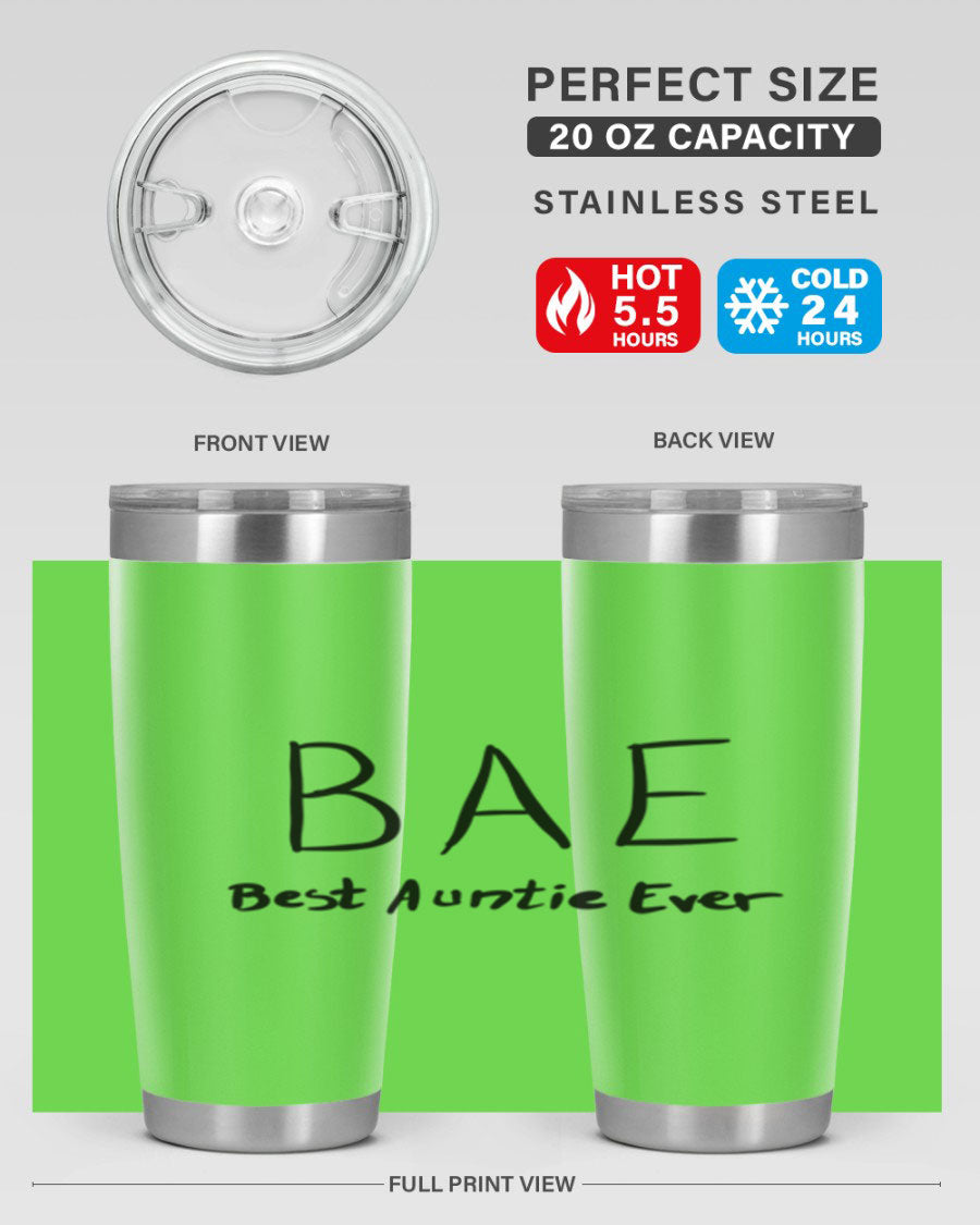 BAE Best Auntie Ever Style 15# 20oz Tumbler with a sleek design, double wall vacuum insulation, and a drink-thru lid.