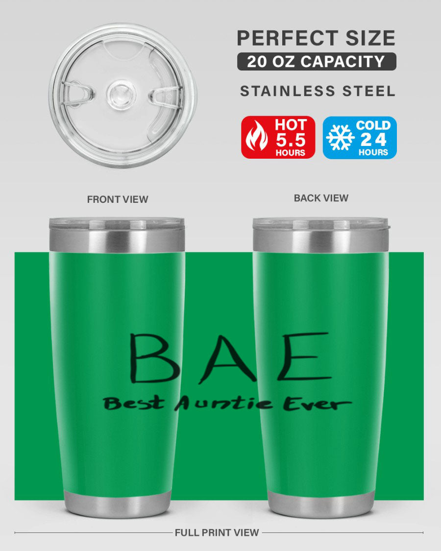 BAE Best Auntie Ever Style 15# 20oz Tumbler with a sleek design, double wall vacuum insulation, and a drink-thru lid.