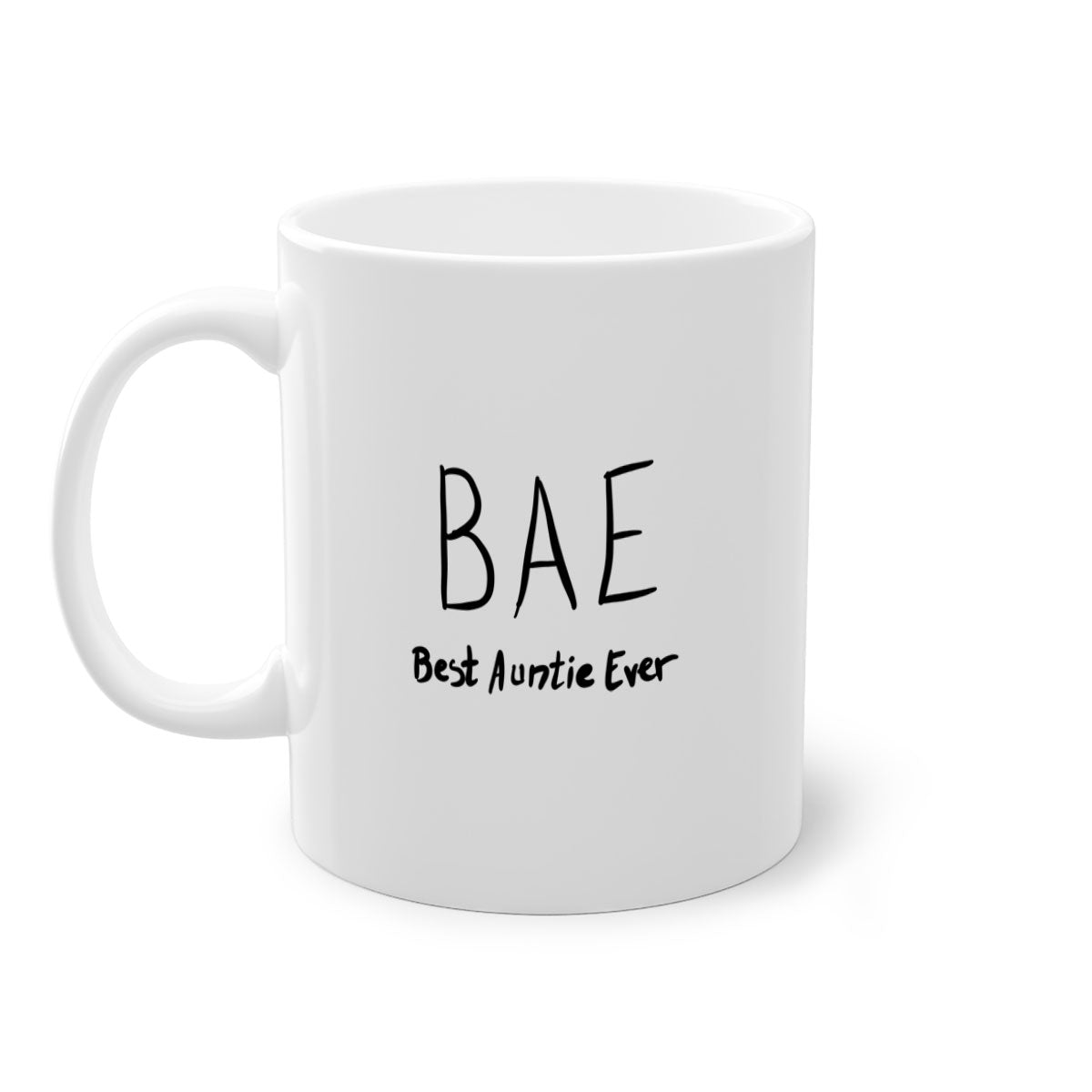 BAE Best Auntie Ever Mug with colorful handle and glossy finish, available in multiple colors and sizes.