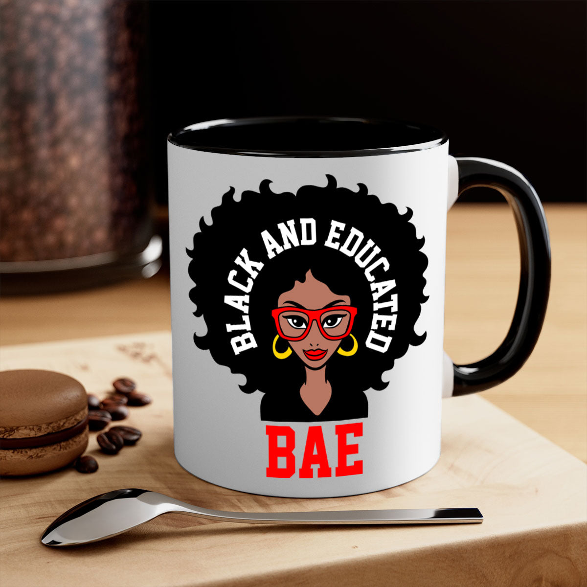 Bae Black and Educated 267# Mug with a glossy finish and colored handle, available in multiple colors.