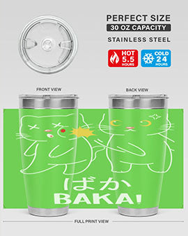 A stylish baka222# anime tumbler made of double wall vacuum stainless steel, featuring a drink-thru lid and vibrant anime design.